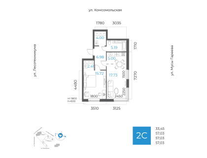 Планировка 2-комн. · 57 м²
