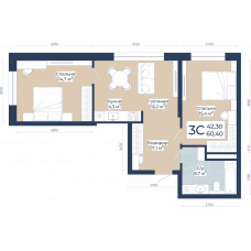 Планировка: 3-комн. квартира, 60.4 м²