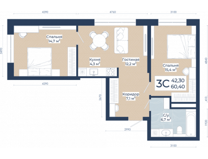 Планировка 3-комн. · 60.4 м²