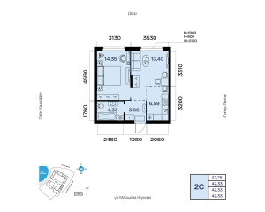 Планировка 2-комнатные 42,3 м²