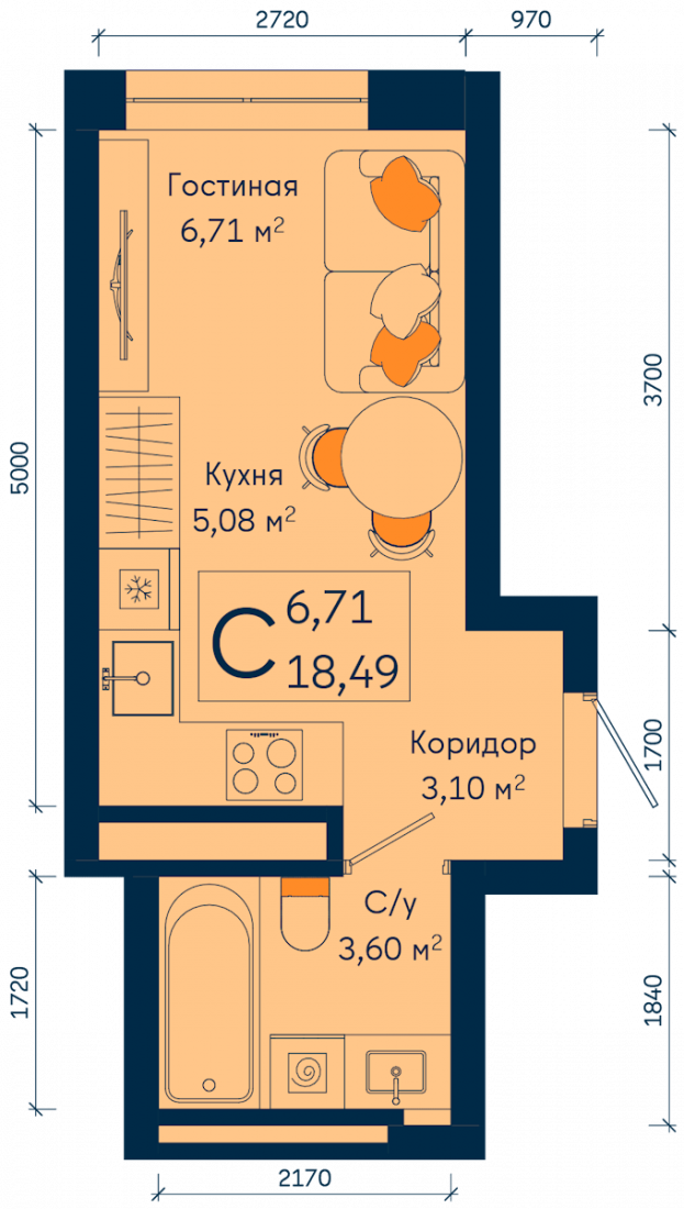 Планировка: Студия, 18.5 м²