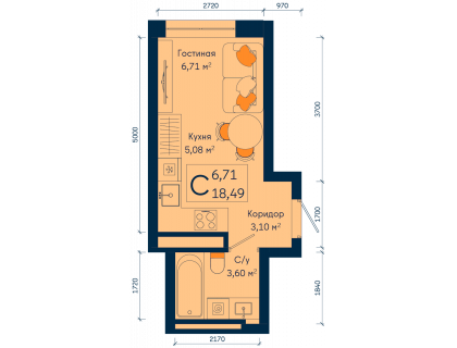 Планировка Студия · 18.5 м²
