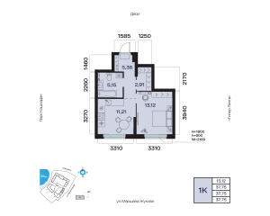 Планировка 1-комнатные 37,8 м²
