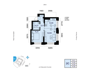 Планировка 2-комнатные 41,8 м²