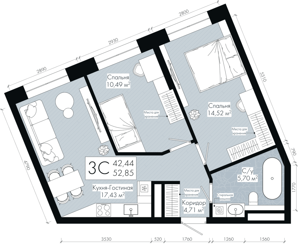 Планировка: 3-комн. квартира, 52.9 м²