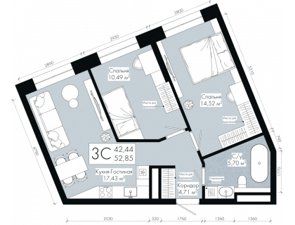 Планировка 3-комн. · 52.9 м²