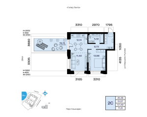 Планировка 2-комнатные 57,5 м²