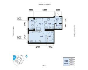 Планировка 2-комнатные 46 м²