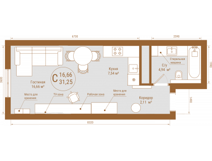 Планировка Студия · 31.3 м²