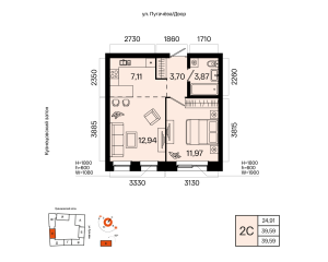 Планировка 2-комнатные 39,6 м²