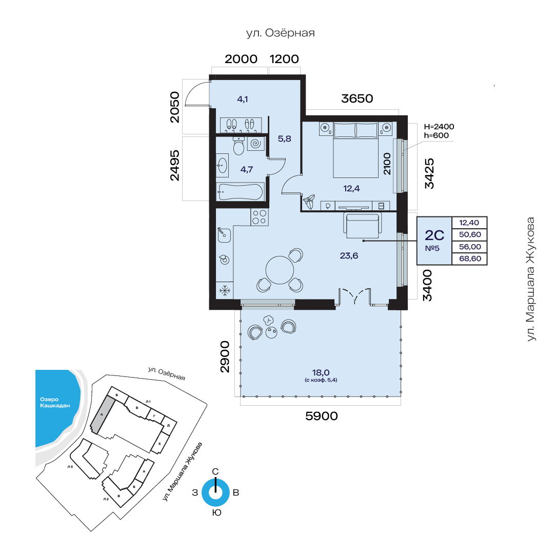 Планировка 2-комнатная квартира 56 м² в ЖК «Атлантис», 2 этаж — 16 493 300 ₽
