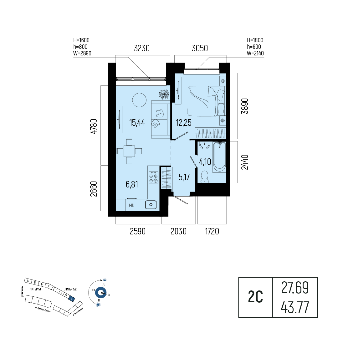 Планировка 2-комнатная квартира 43,8 м² в ЖК «Новатор», 24 этаж — 10 229 000 ₽