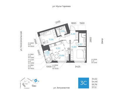 Планировка 3-комн. · 55.8 м²