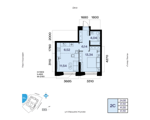 Планировка 2-комнатные 41,6 м²