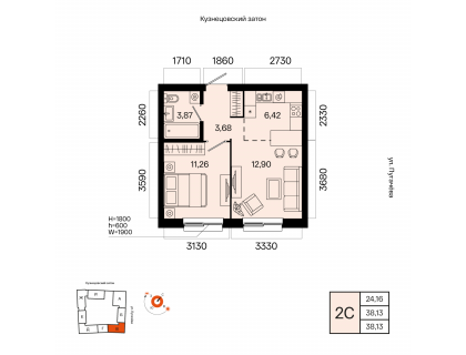 Планировка 2-комн. · 38.1 м²