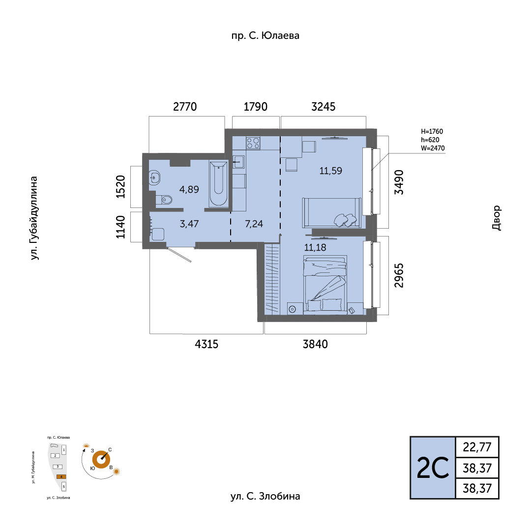 Планировка 2-комнатная квартира 38,4 м² в ЖК «Урбаника», 7 этаж — 9 120 000 ₽
