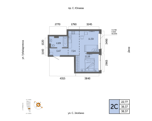 Планировка 2-комнатные 38,4 м²