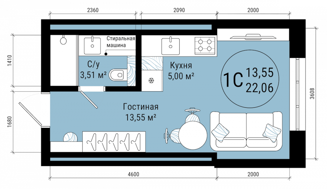 Планировка: 1-комн. квартира, 22.1 м²