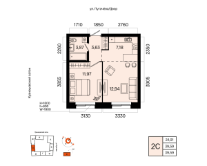 Планировка 2-комнатные 39,6 м²