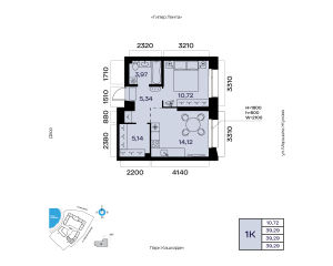 Планировка 1-комнатные 39,3 м²