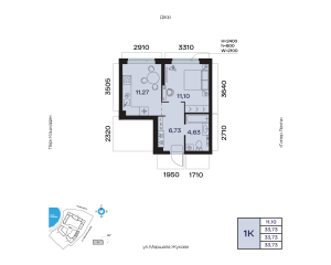 Планировка 1-комнатные 33,7 м²