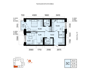 Планировка 3-комнатные 61,7 м²