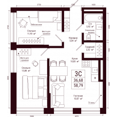 Планировка: 3-комн. квартира, 58.8 м²