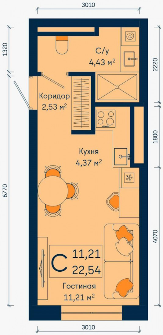 Планировка: Студия, 22.5 м²