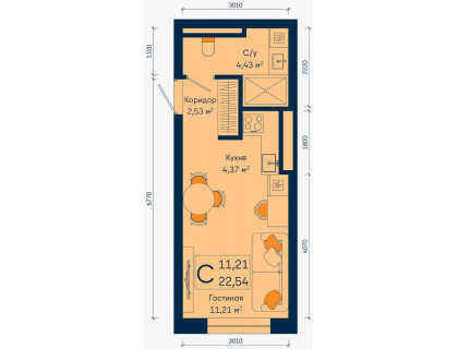 Планировка Студия · 22.5 м²