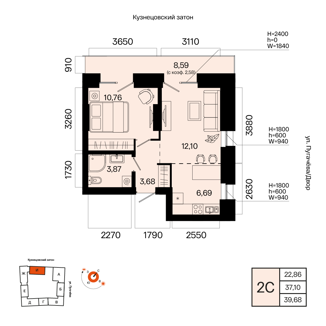 Планировка 2-комнатная квартира 39,7 м² в ЖК «Первый Остров», 6 этаж — 10 263 800 ₽