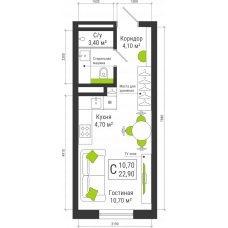 Планировка: Студия, 22.9 м²