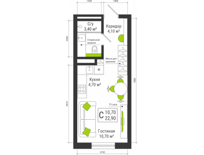 Планировка Студия · 22.9 м²