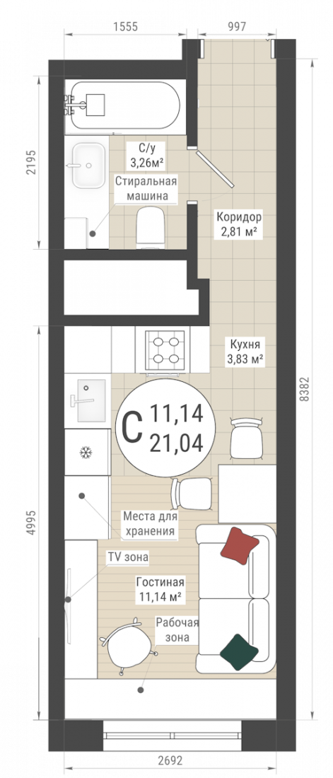 Планировка Студия 21 м² в ЖК «Серп и молот», 18 этаж — 5 091 610 ₽