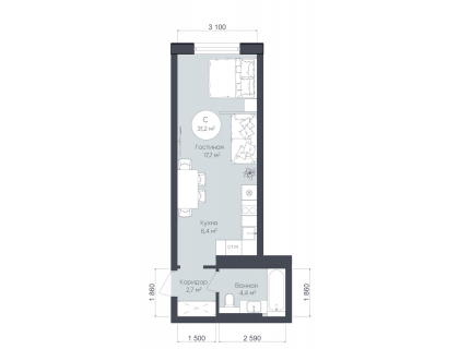 Планировка Студия · 31.2 м²