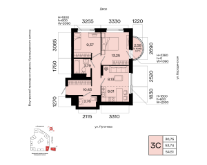 Планировка 3-комнатные 54,5 м²