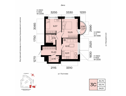 Планировка 3-комн. · 54.5 м²