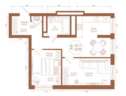 Планировка 2-комн. · 53.4 м²