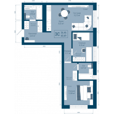 Планировка: 3-комн. квартира, 60.7 м²