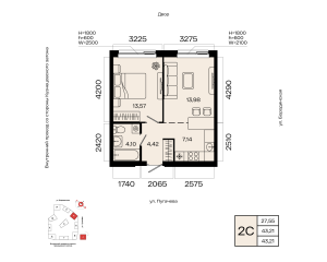 Планировка 2-комнатные 43,2 м²