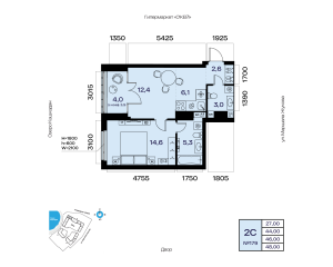 Планировка 2-комнатные 46 м²