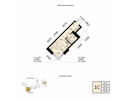 Планировка 1-комн. · 25.3 м²