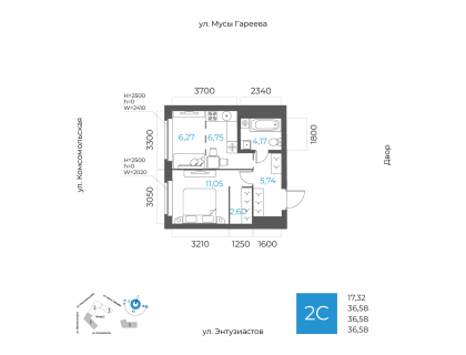 Планировка 2-комн. · 36.6 м²
