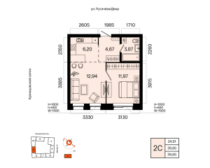 Планировка 2-комнатные 39,7 м²