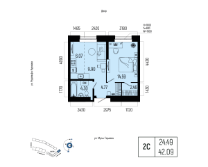 Планировка 2-комнатные 42,1 м²
