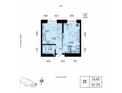 Планировка 2-комн. · 42.1 м²