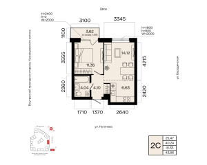Планировка 2-комнатные 41,3 м²