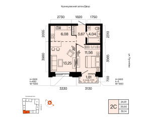 Планировка 2-комнатные 39,1 м²