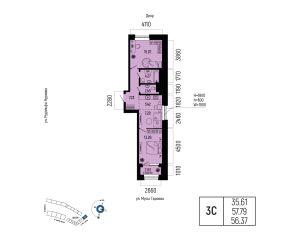 Планировка 3-комнатные 56,4 м²