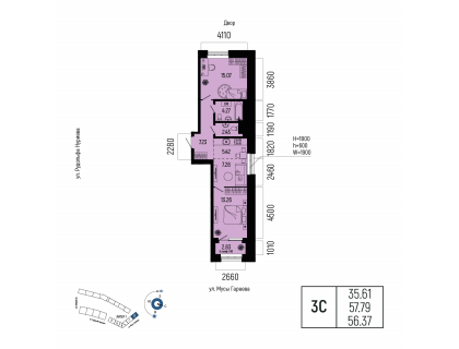 Планировка 3-комн. · 56.4 м²