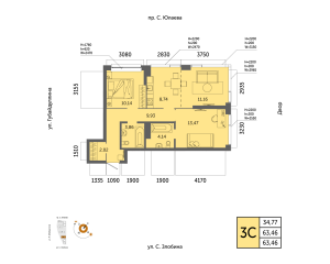Планировка 3-комнатные 63,5 м²